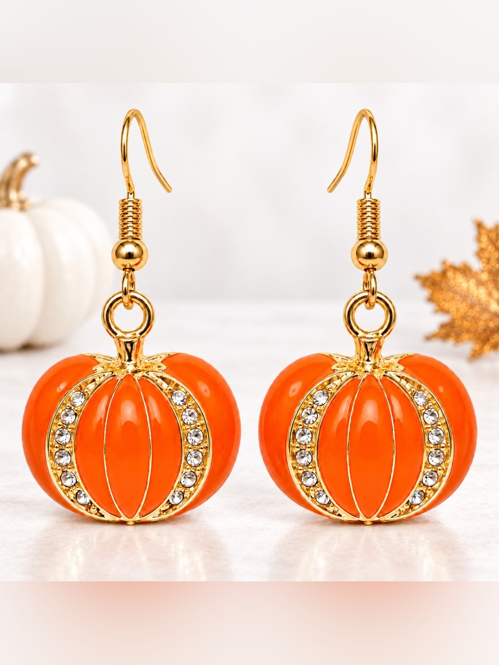 Orange Pumpkin Rhinestone Dangle Earrings Gold Tone Halloween Fall Jewelry NEW